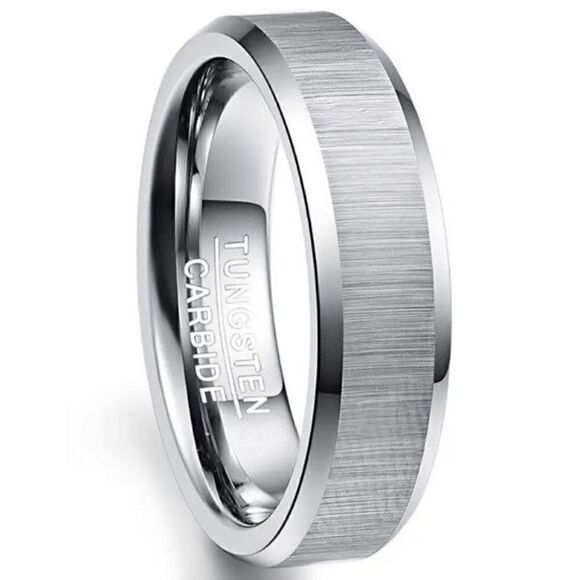 Tungsten Carbide Men's Matte Finished Silver Edged Wedding Band Ring - Picture 1 of 4